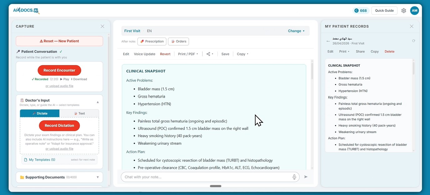 Interfaz de AI4Docs mostrando el espacio de trabajo de tres paneles y una nota clínica generada