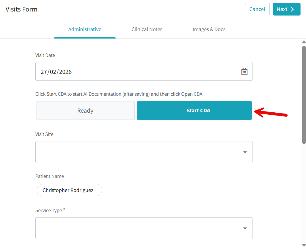 Visit form Start CDA
