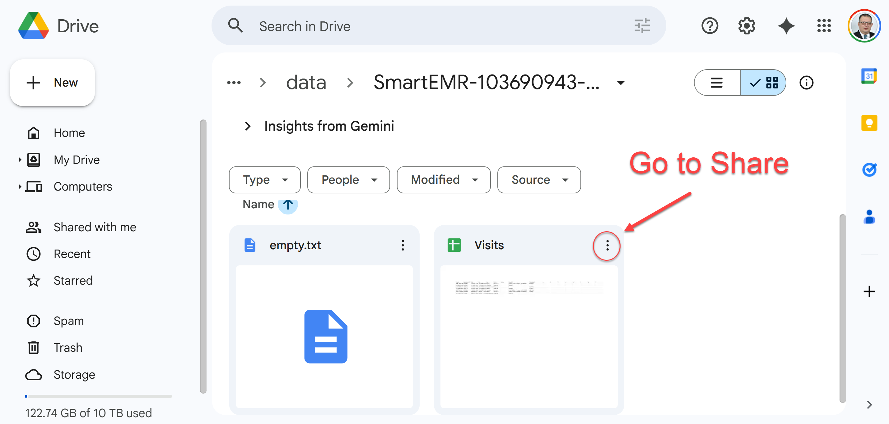 Click Share button on Visits spreadsheet
