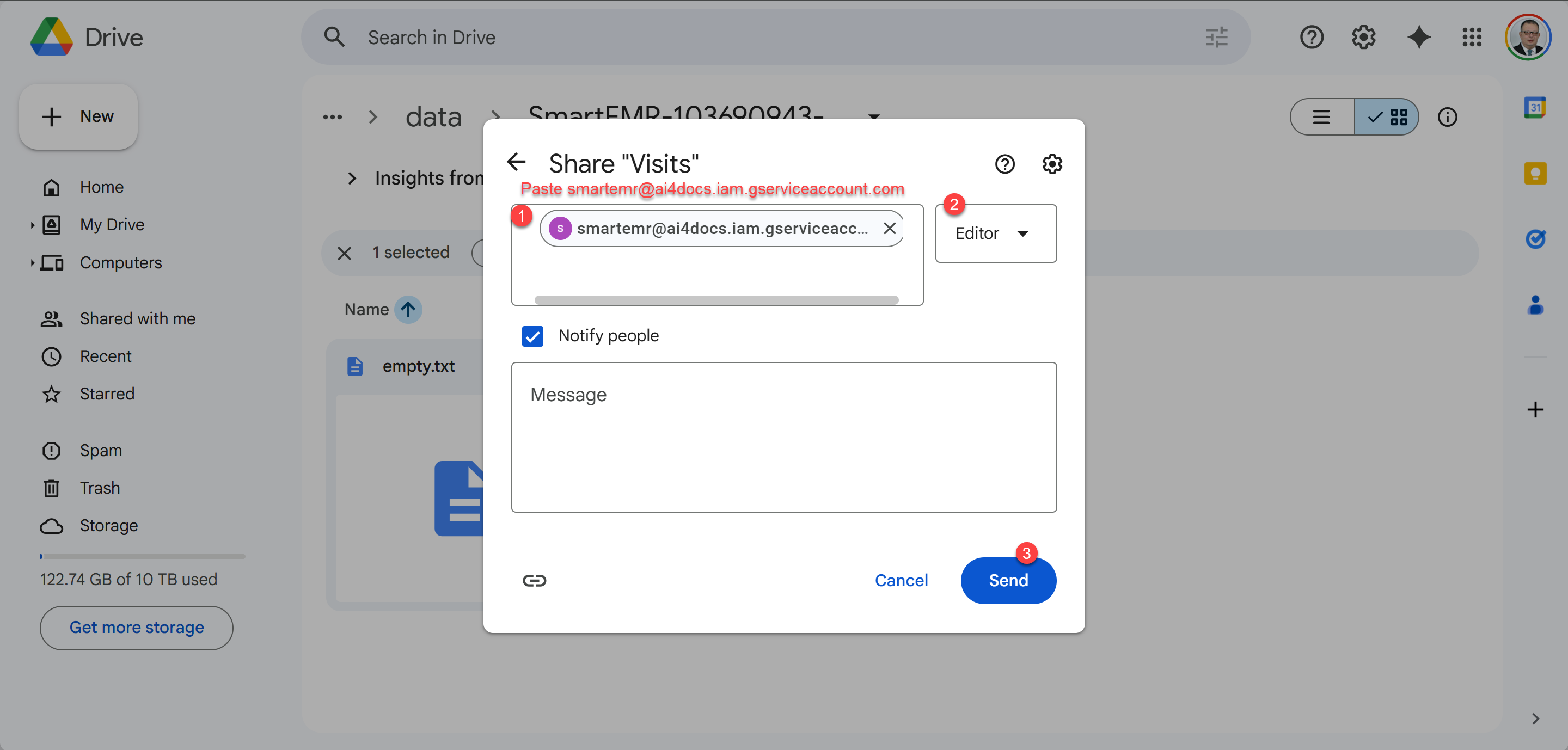 Set Editor permission and click Send