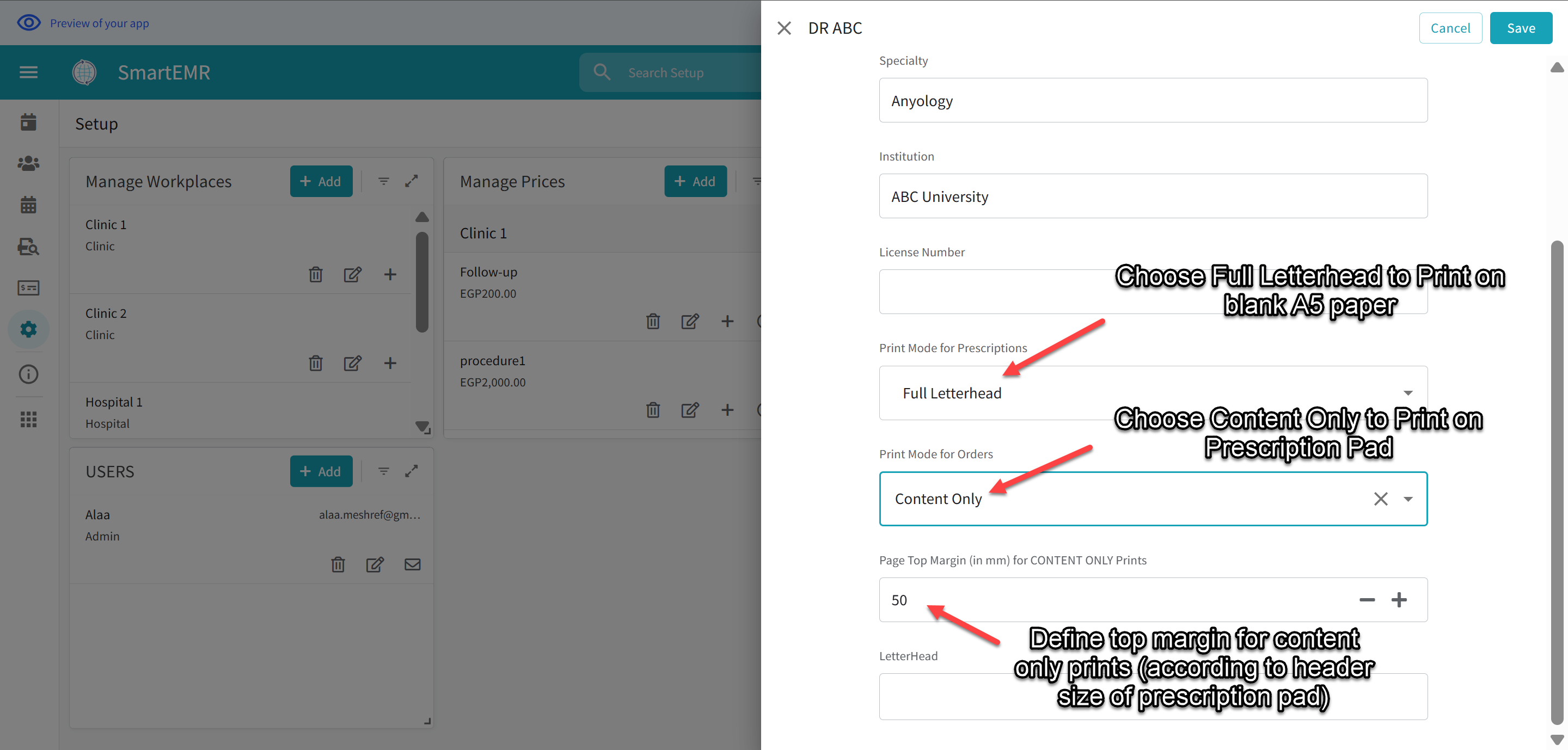Print mode and margin settings in Profile