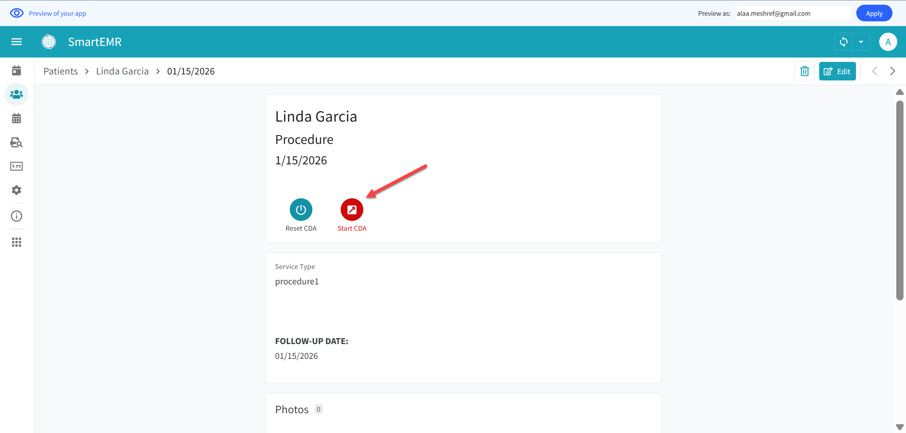 Start CDA button on visit detail screen