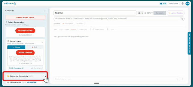 AI4Docs interface showing WhatsApp Chat to Notes — a chronological clinical timeline generated from a patient's WhatsApp conversation